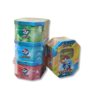 Cajita Lata Grande Cartas Pokémon Oro con Cartas Metalizadas y Tablero