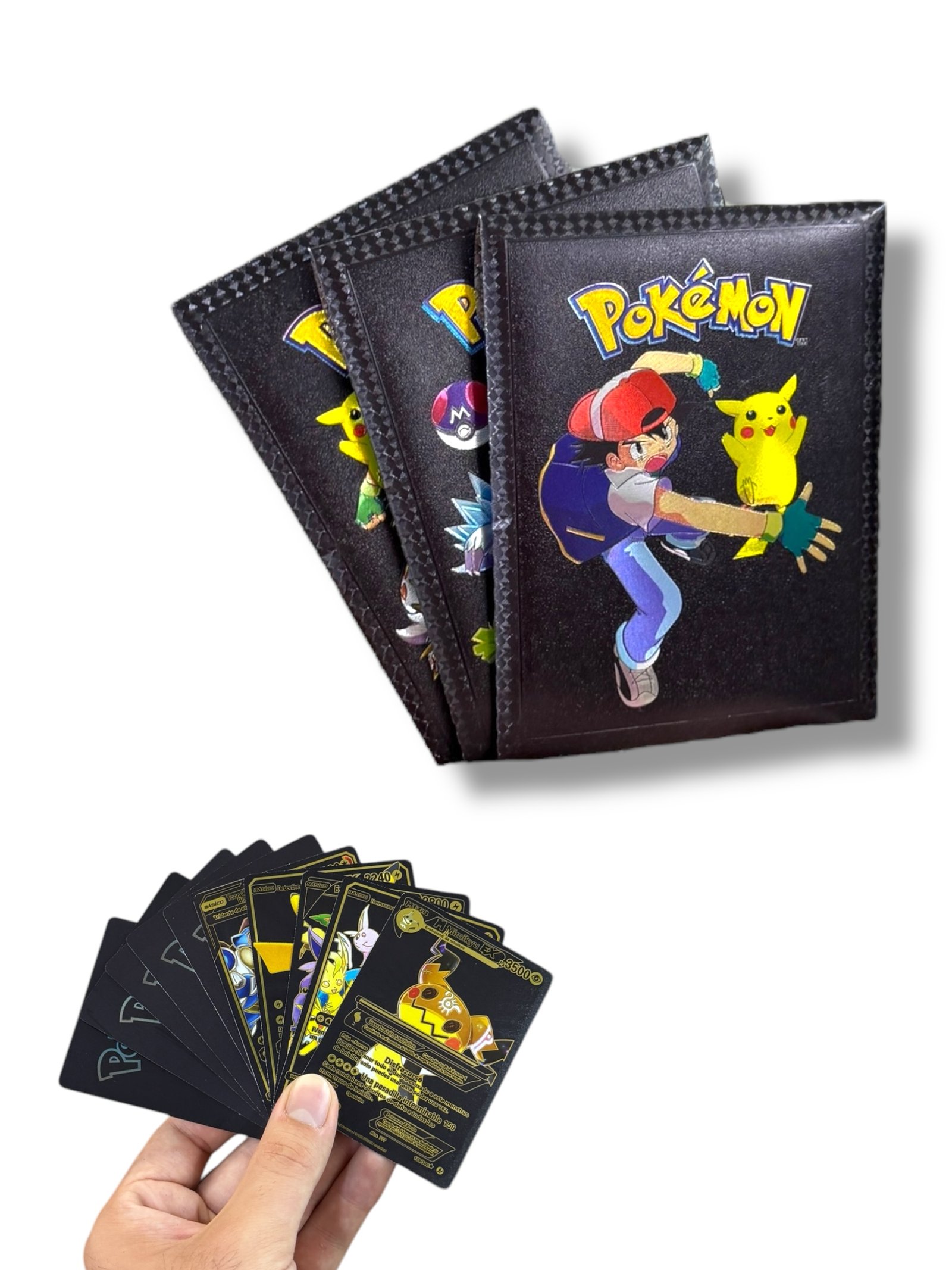 Sobres de cartas Pokémon metalizadas x10 cartas – Caja con 15 sobres dorados y multicolor