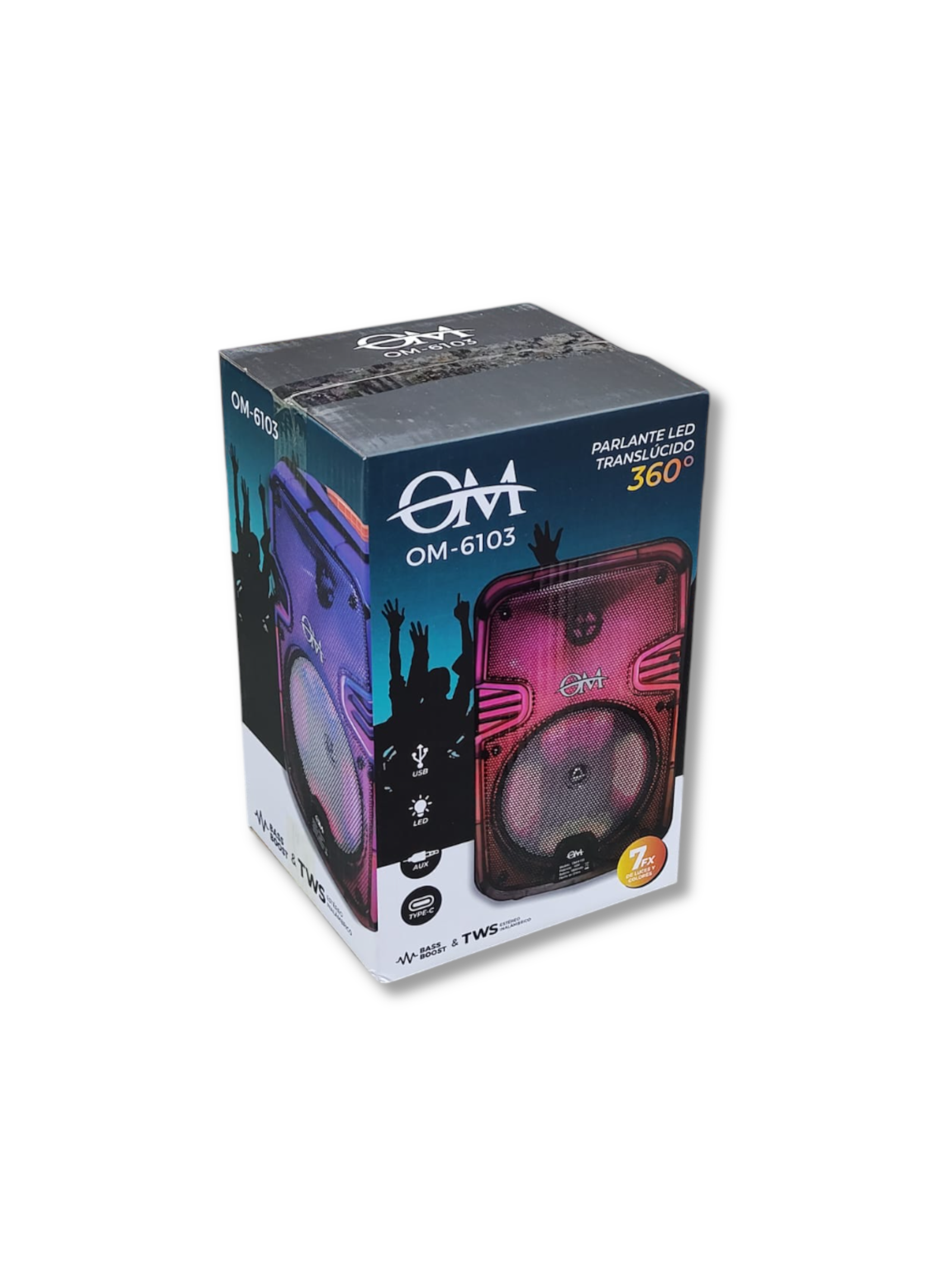 Parlante Bluetooth con Luces LED 360° OM-6103 Traslúcido 7FX para Fiestas